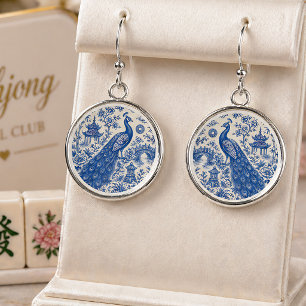 Elegant Blue Peacock Mahjong Porcelain Style Earrings
