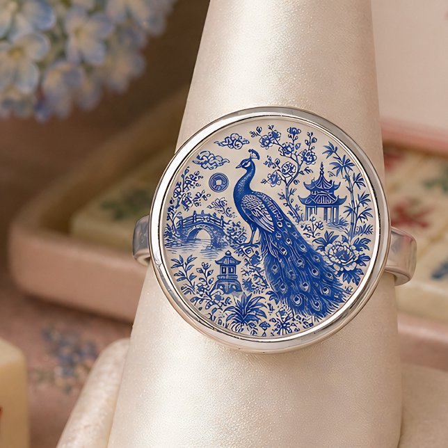 Elegant Blue Peacock Mahjong Porcelain Style  Ring (Creator Uploaded)