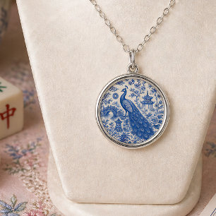 Elegant Blue Peacock Mahjong Porcelain Style Silver Plated Necklace