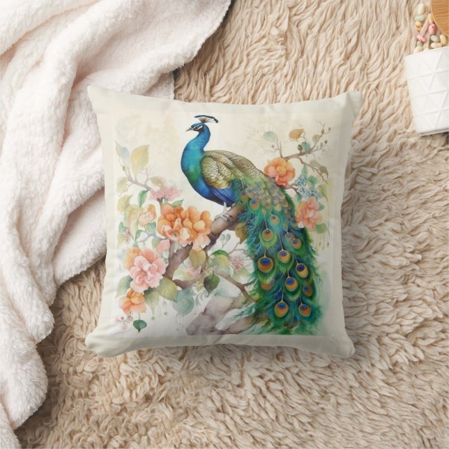 Elegant Blue Peacock Pink Flowers Cream Throw Pillow (Blanket)