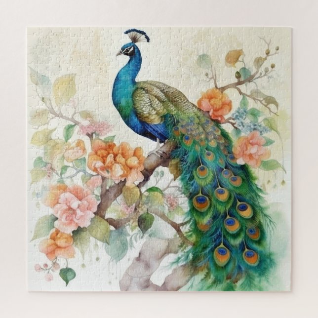 Elegant Blue Peacock Pink Flowers Jigsaw Puzzle (Vertical)