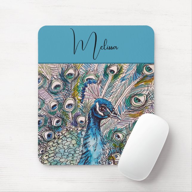 Elegant Blue Peacock Watercolor Art Birthday Mouse Pad (With Mouse)