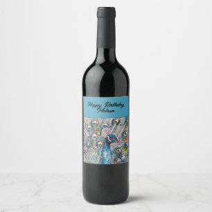 Elegant Blue Peacock Watercolor Art Birthday Wine Label