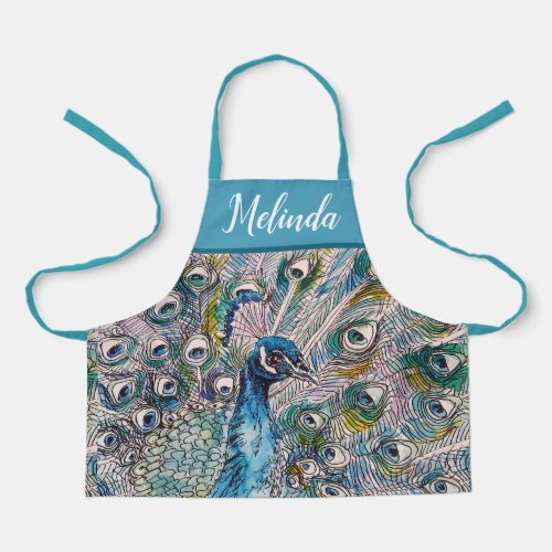 Elegant Blue Peacock Watercolor Art Kids Apron