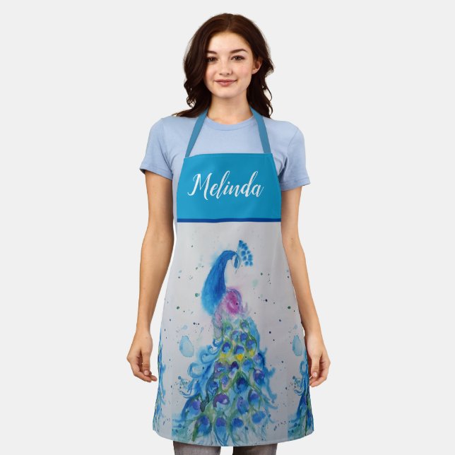 Elegant Blue Peacock Watercolor Art Womans Apron (Worn)