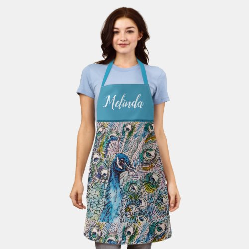 Elegant Blue Peacock Watercolor Art Womans Apron