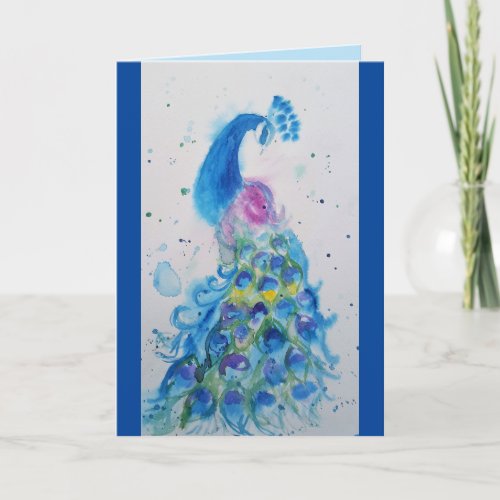 Elegant Blue Peacock Watercolour Birthday Card