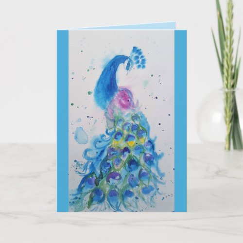 Elegant Blue Peacock Watercolour Birthday Card