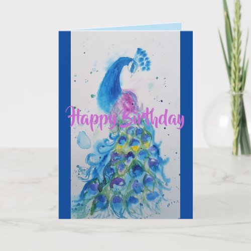 Elegant Blue Peacock Watercolour Birthday Card