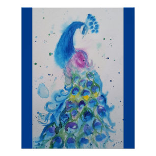 Elegant Blue Peacock Watercolour Painting Poster