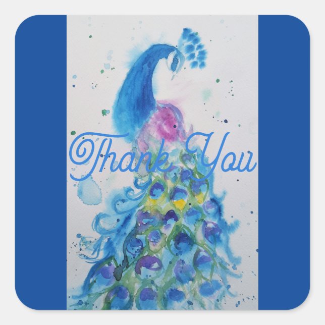 Elegant Blue Peacock Watercolour Thank You Square Sticker (Front)