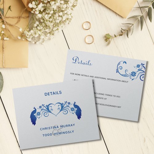 Elegant Blue Peacock Wedding Details Card