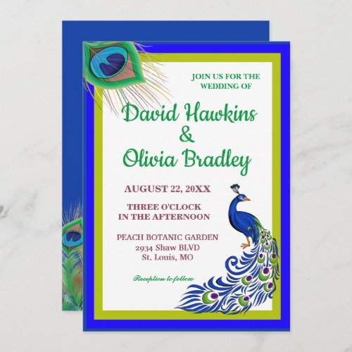 Elegant Blue Peacock Wedding Invitation Card