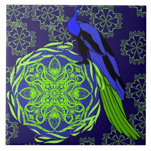 Elegant Blue Peacock with Green Mandala Ceramic Tile (Front)