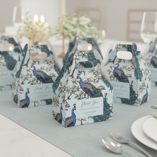 Elegant Blue Peacocks and Flowers Blue Favor Boxes (Chic Floral Peacock Pattern Thank You Wedding Light Blue Favor Boxes. Elegant Teal Peacock & Flowers)