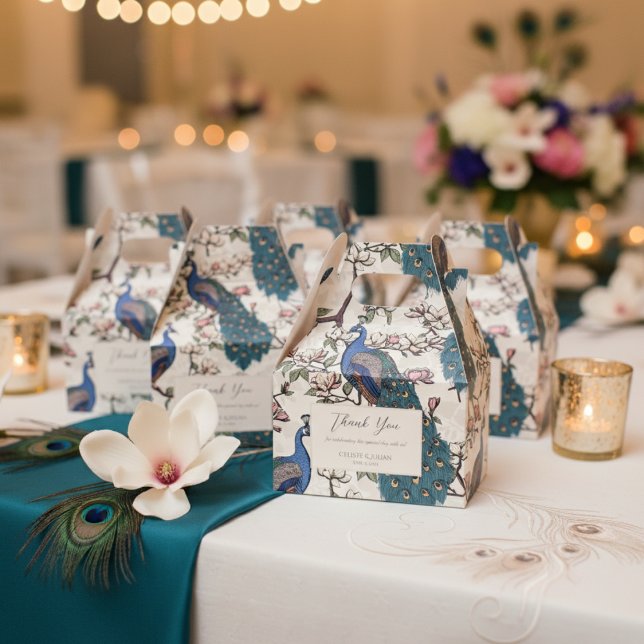 Elegant Blue Peacocks and Flowers Ivory Favor Boxes (Chic Floral Peacock Pattern Thank You Wedding Ivory Favor Boxes. Elegant Teal Peacock & Flowers)