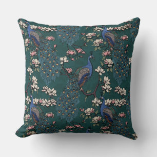 Elegant Blue Peacocks, Magnolia Flowers, Branches Throw Pillow