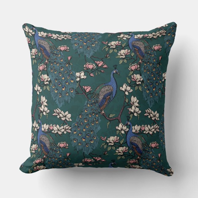 Elegant Blue Peacocks, Magnolia Flowers, Branches Throw Pillow (Front)