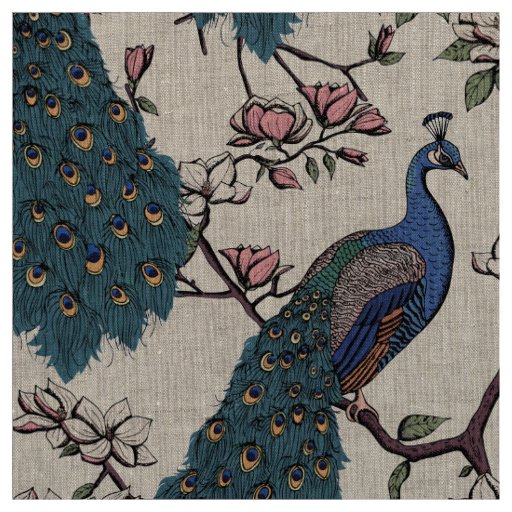 Elegant Blue Peacocks on Magnolia Tree Branches Fabric
