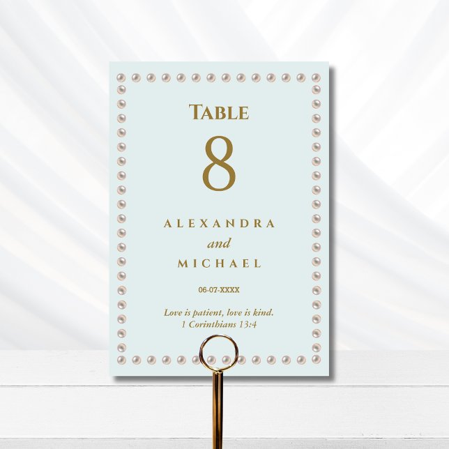 Elegant Blue Pearl Christian Wedding  Table Number (Creator Uploaded)