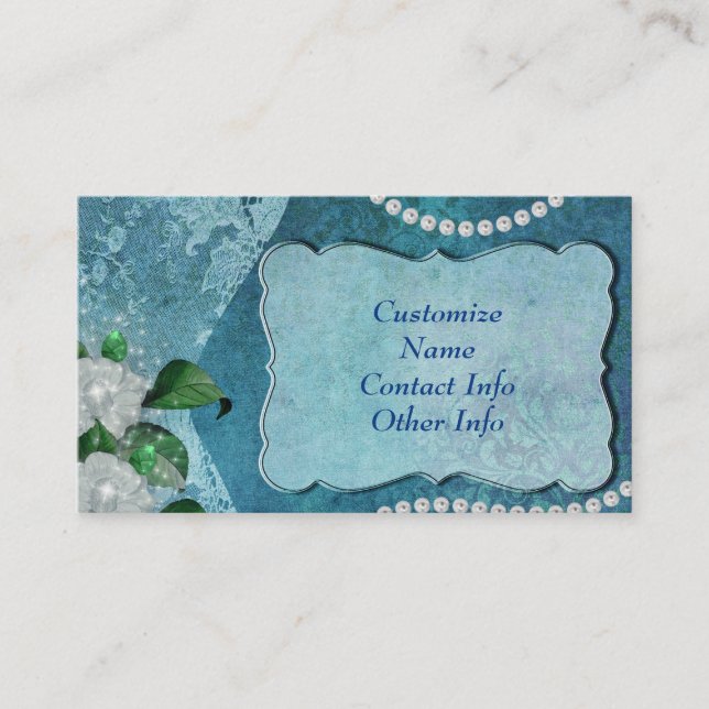 Elegant Blue Pearl & Lace Vintage Personalized Business Card (Front)