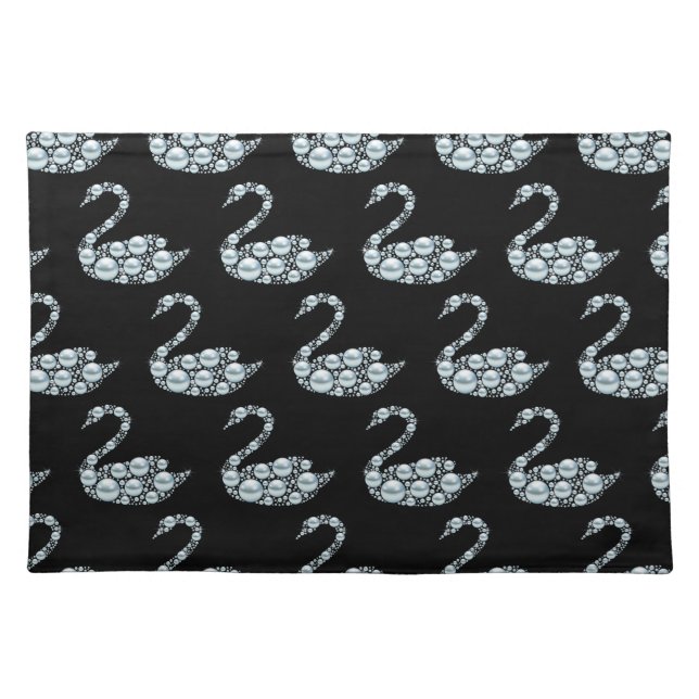 Elegant Blue Pearl Swan on Black Background Cloth Placemat (Front)