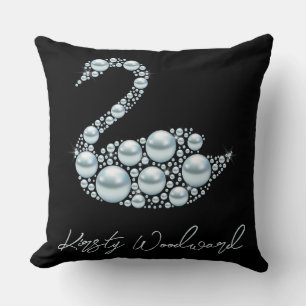 Elegant Blue Pearl Swan on Black Background Throw Pillow