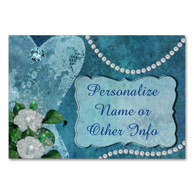 Elegant Blue Pearls & Lace Personalized Table Number (Front)
