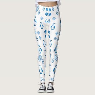 Elegant Blue Penguins With Snowflakes Pattern Leggings