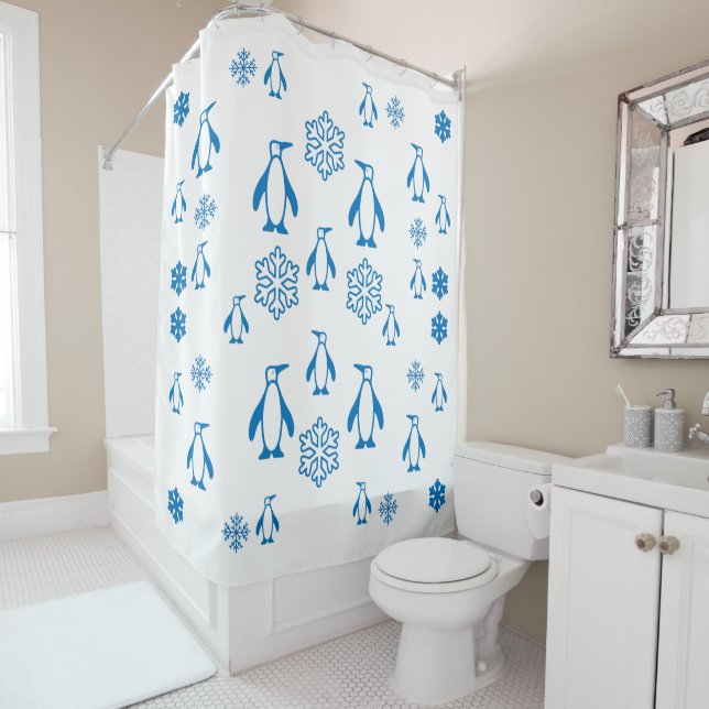 Elegant Blue Penguins With Snowflakes Pattern Shower Curtain (In Situ)