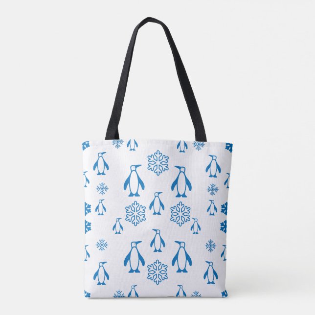 Elegant Blue Penguins With Snowflakes Pattern Tote Bag (Back)