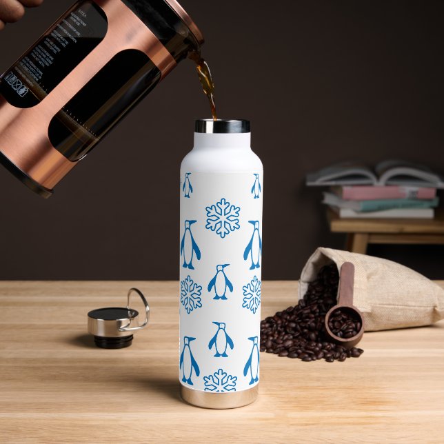 Elegant Blue Penguins With Snowflakes Pattern Water Bottle (Coffee)