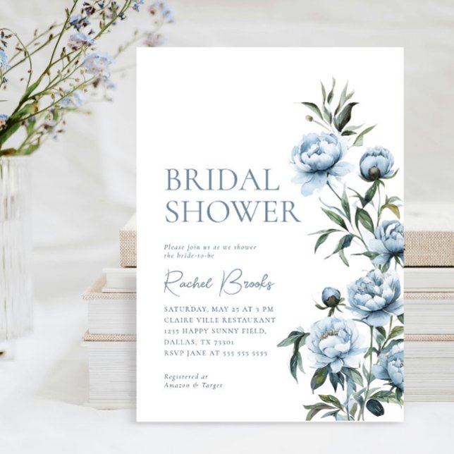 Elegant Blue Peonies Floral Greenery Bridal Shower Invitation (Creator Uploaded)