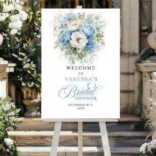 Elegant Blue Peonies Gold Bridal Shower Welcome Poster