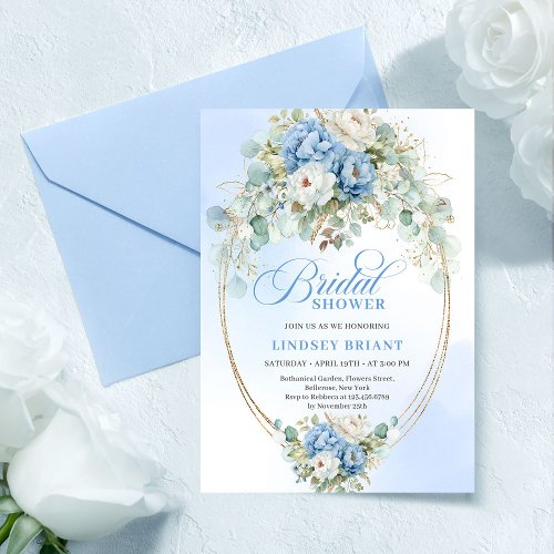 Elegant Blue Peonies Greenery Gold Bridal Shower