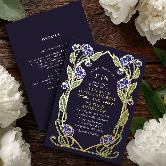Elegant Blue Peony Art Nouveau Wedding All in One Foil Invitation (Creator Uploaded)
