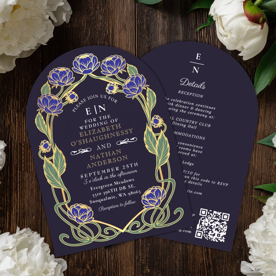 Elegant Blue Peony Art Nouveau Wedding Arch QR  Invitation