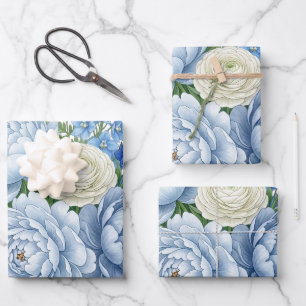 Elegant Blue Peony Floral Bouquet Watercolor Desig Wrapping Paper Sheets