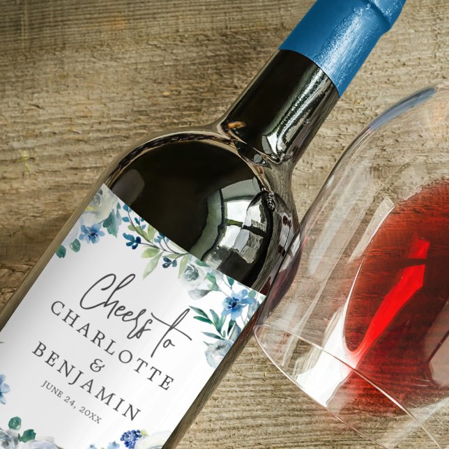 Elegant Blue Peony Floral Wedding Personalized Wine Label (Creator Uploaded)