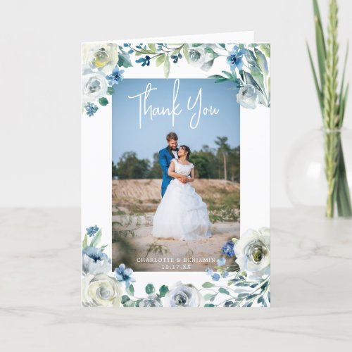 Elegant Blue Peony Floral Wedding Photo Folded Thank You Card
