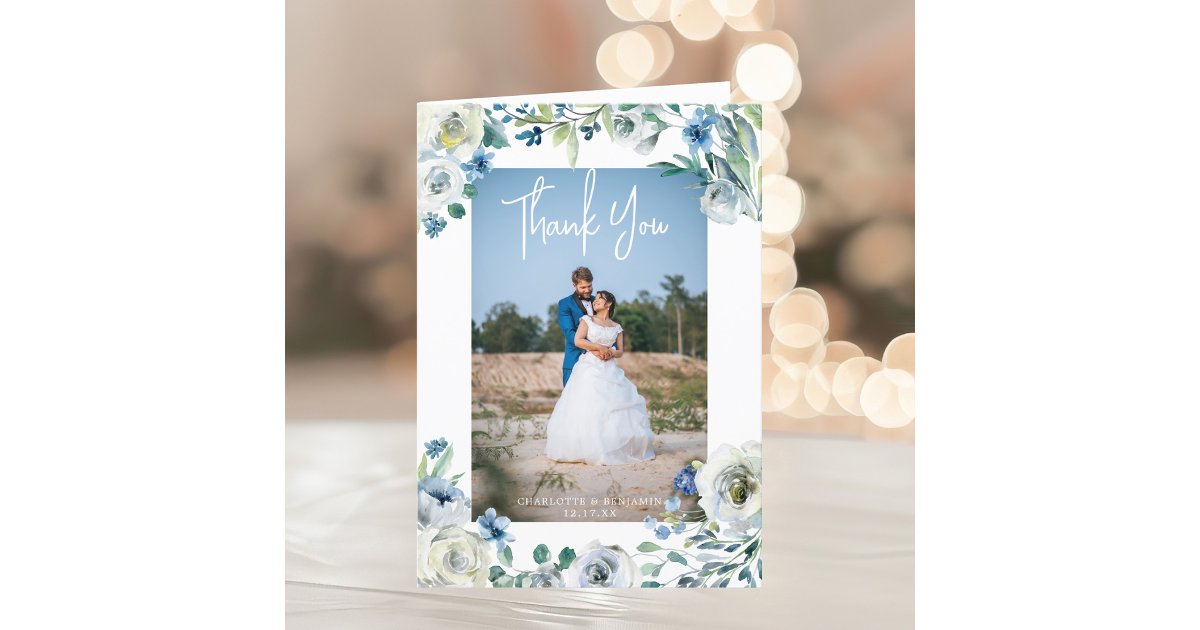 Elegant Blue Peony Floral Wedding Photo Folded Thank You Card | Zazzle