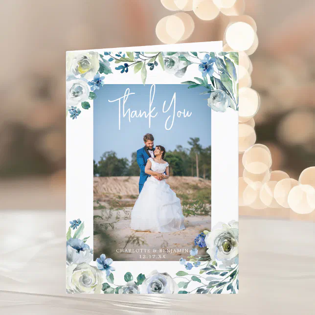Elegant Blue Peony Floral Wedding Photo Folded Thank You Card | Zazzle