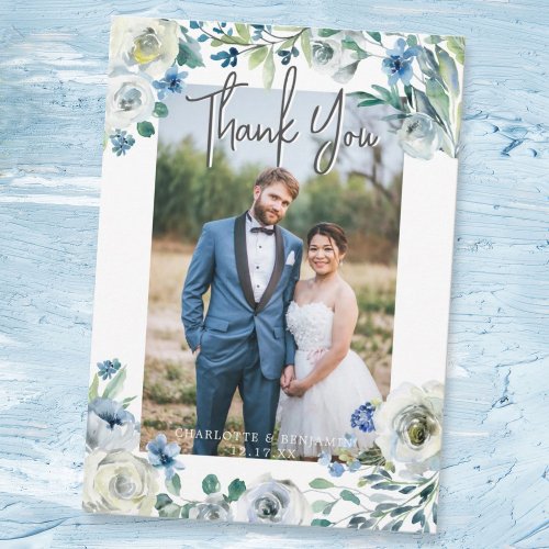 Elegant Blue Peony Floral Wedding Photo Spring Thank You Card