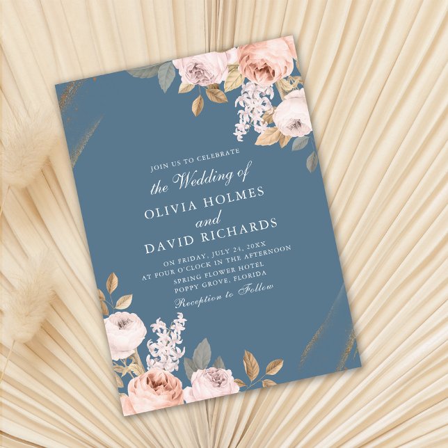 Elegant Blue Peony Roses Wedding Invite (Elegant Blue Peony Roses Wedding Invite on dry fan palm leaf.)