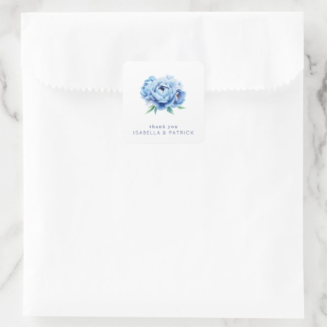 Elegant Blue Peony Thank You Card Square Sticker (Bag)