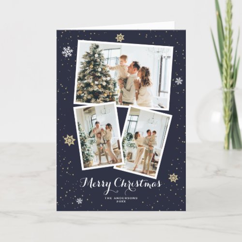 Elegant Blue Photo Collage Merry Christmas Card