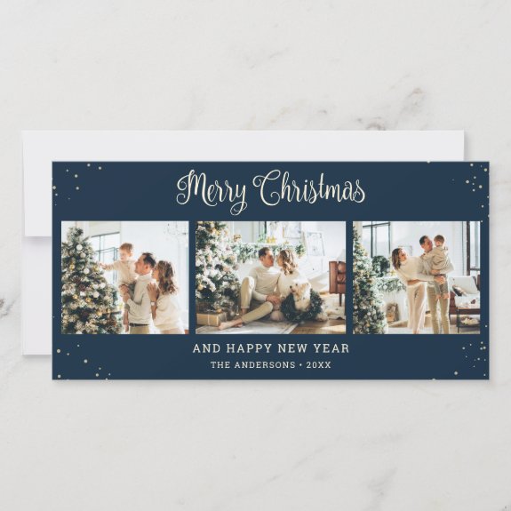 Elegant Blue Photo Collage Merry Christmas Cards