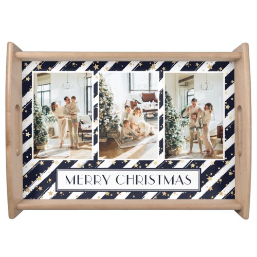 Elegant Blue Photo Collage Merry Christmas Serving Tray