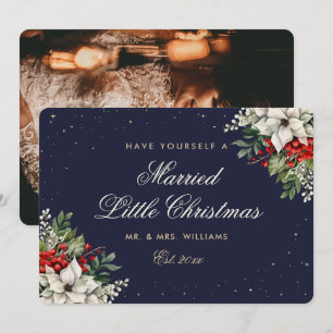 Elegant Blue Photo First Married Christmas Wedding Holiday Card