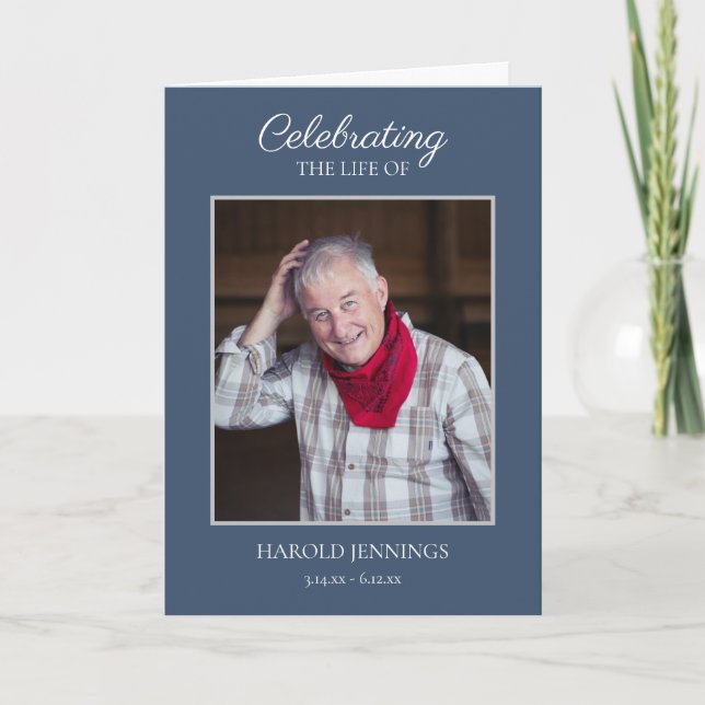 Elegant Blue Photo Funeral Memorial Program (Front)